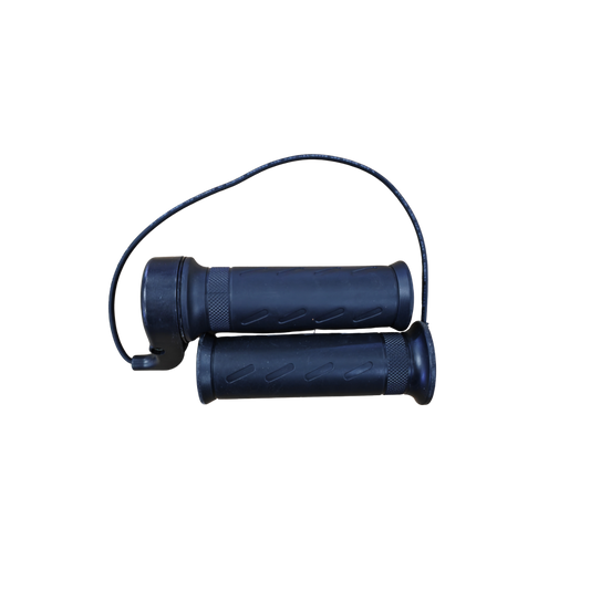 Pair of black motorcycle grips with throttle on a white background