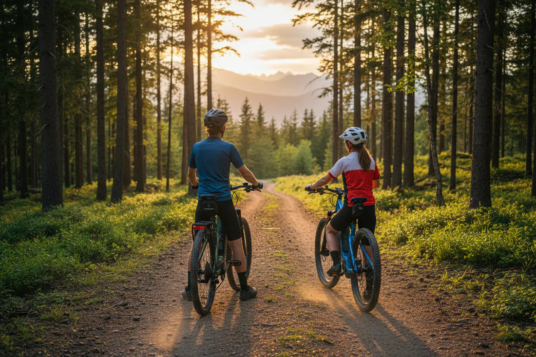 A young man and a young woman on their ebikes on the mountain road that exits the forest, wearing their helmets to ride safely