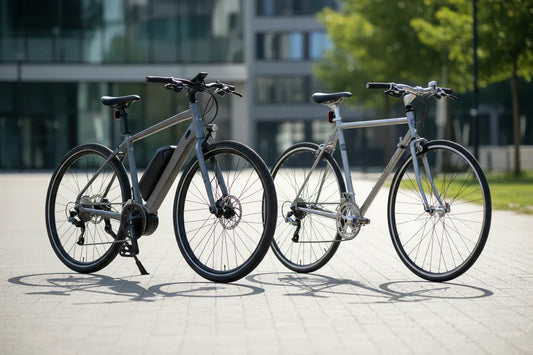 ebike and push bike parked next to each other