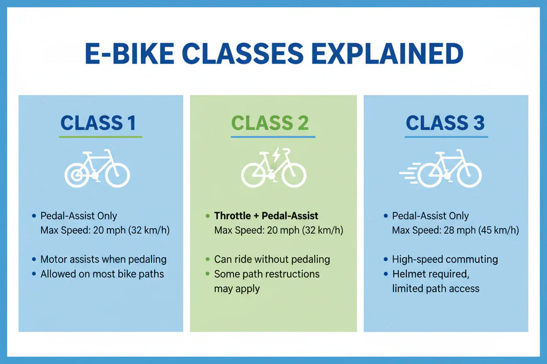 Each eBike Class Explained - a poster in light blue, light green, and white color, with the bike illustrations and basic information about each class
