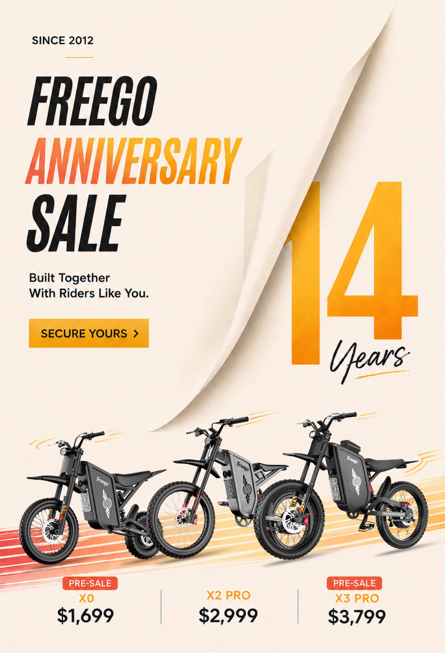 Promotional banner for a FreeGo Anniversary Sale featuring three electric bicycles shown at the bottom, with large text reading '14 Years' and pricing for pre-sale models X0, X2 PRO, and X3 PRO on a cream background with a curled paper effect.