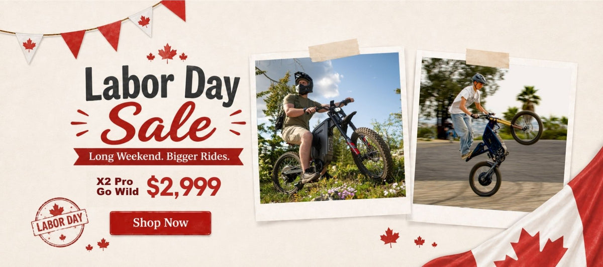 Freego Canada Labor Day Sale wide banner with maple leaf bunting, Canadian flag graphics, “Long Weekend. Bigger Rides.” headline, rider photos, Freego X2 Pro Go Wild at $2,999, and Shop Now button.