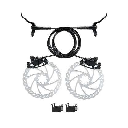 Bicycle brake system with calipers, cables, and rotors on a transparent background 
