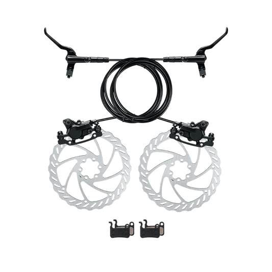 Bicycle brake system with calipers, cables, and rotors on a transparent background 