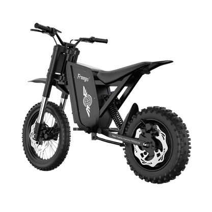 Three-quarter view of the Freego X0 electric mini dirt bike, showcasing the ergonomic seat and durable frame for off-road riding.