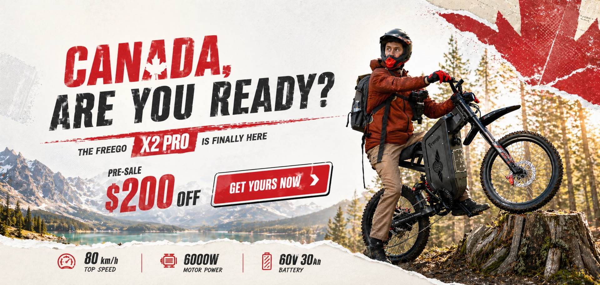 Freego Canada launch banner featuring 6000W X2 Pro electric dirt bike