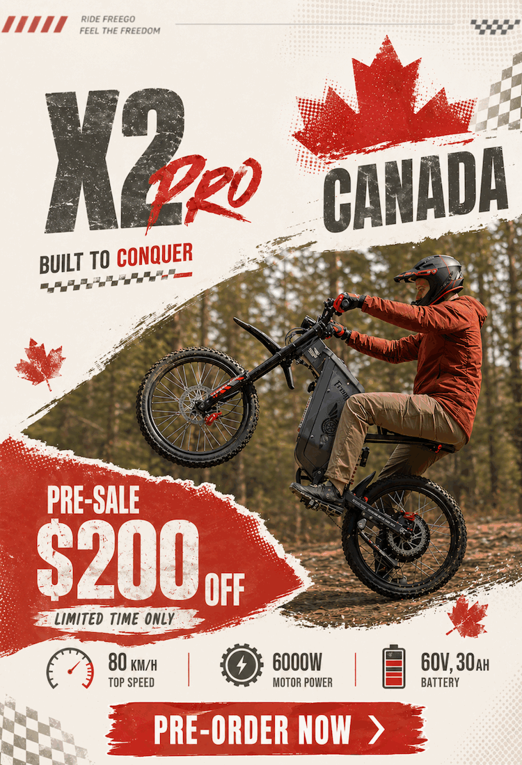 Freego Canada launch banner featuring 6000W X2 Pro electric dirt bike