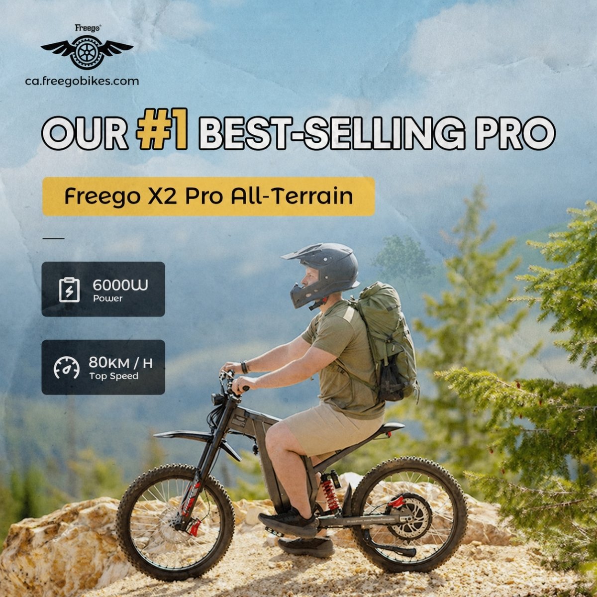 Person riding a Freego X2 Pro All-Terrain bike with scenic background
