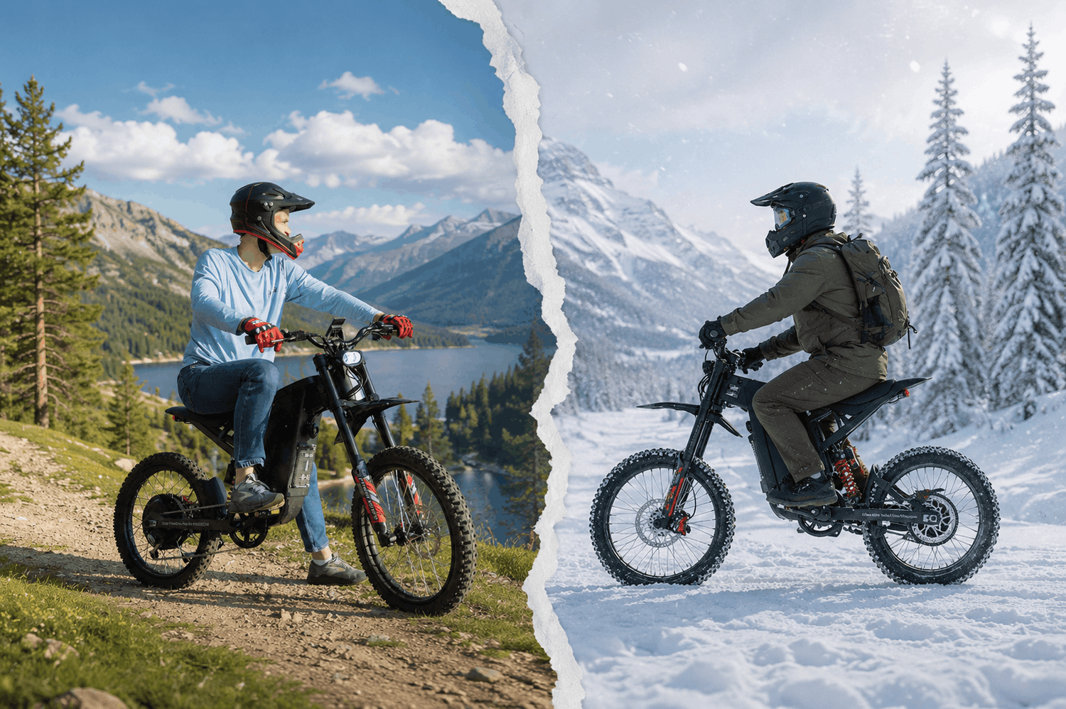 Two people riding Freego X2 Pro ebikes on a split landscape with a mountainous background.