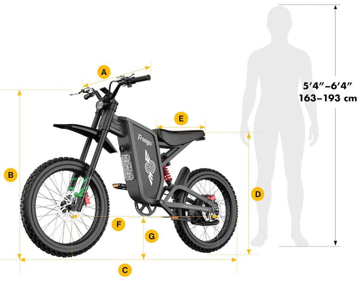 Freego X2 Pro electric dirt bike dimensions and recommended rider height of 5'4" to 6'4"