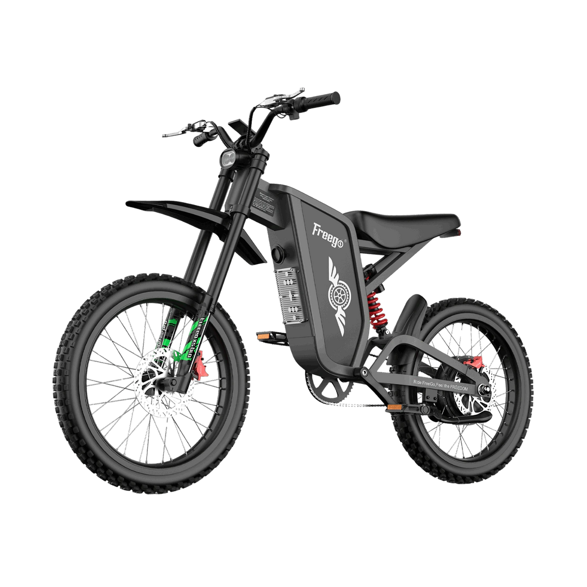 Freego X2 Pro electric dirt bike in a left-facing three-quarter view