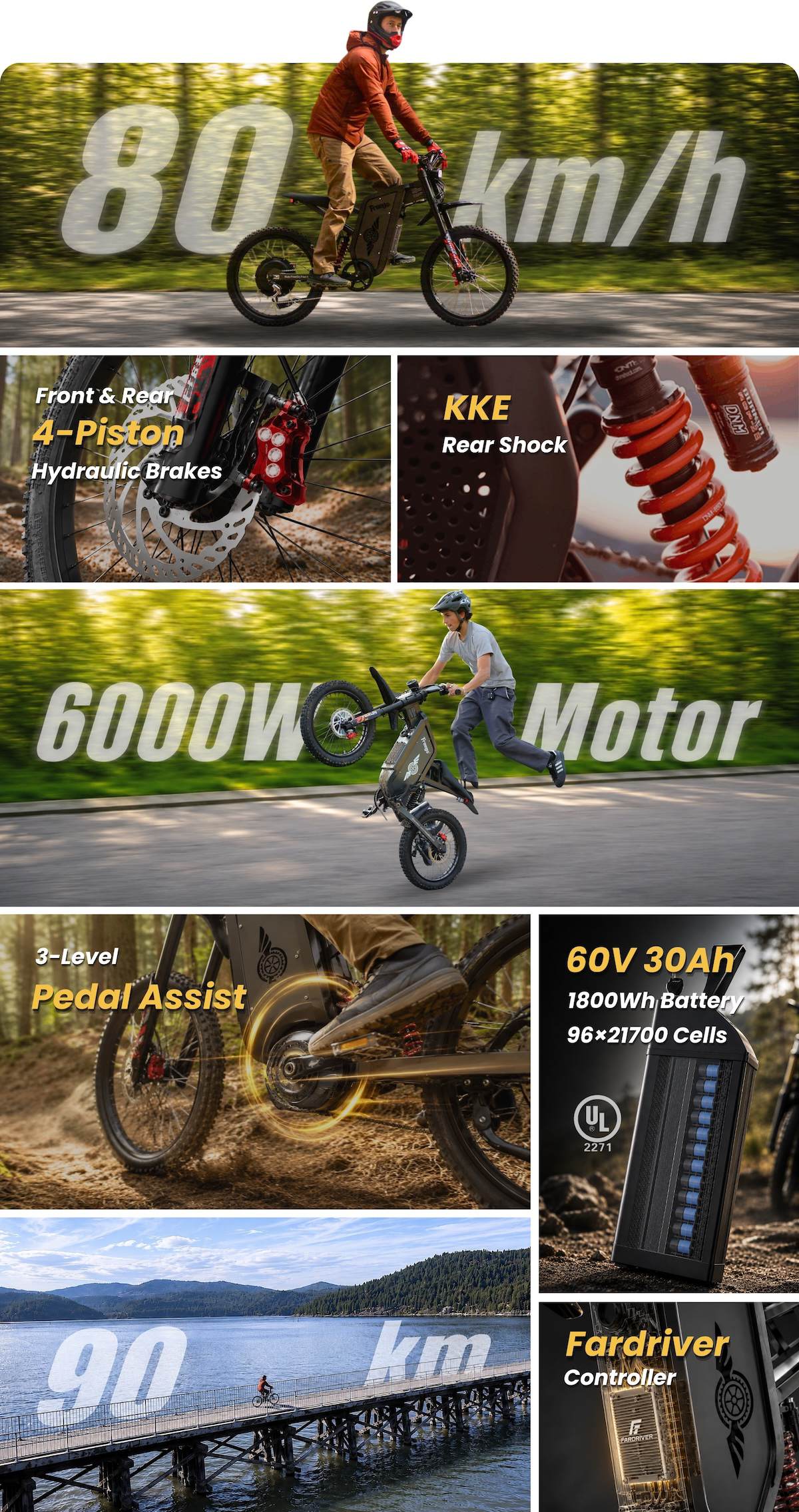 Freego X2 Pro electric bike performance overview featuring 6000W peak motor power, 50 mph top speed.